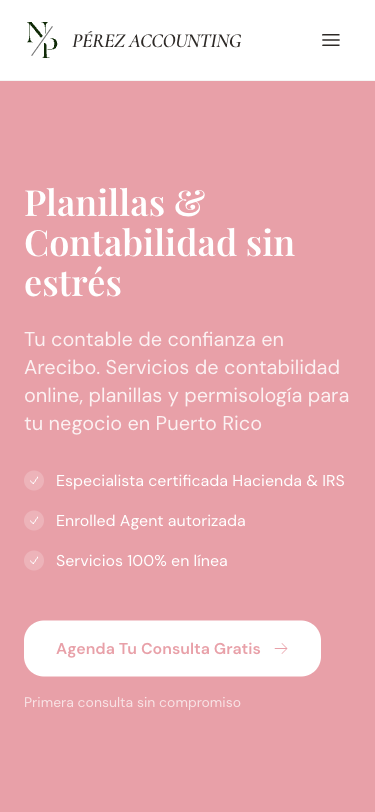 Versión móvil de la página web de Pérez Accounting